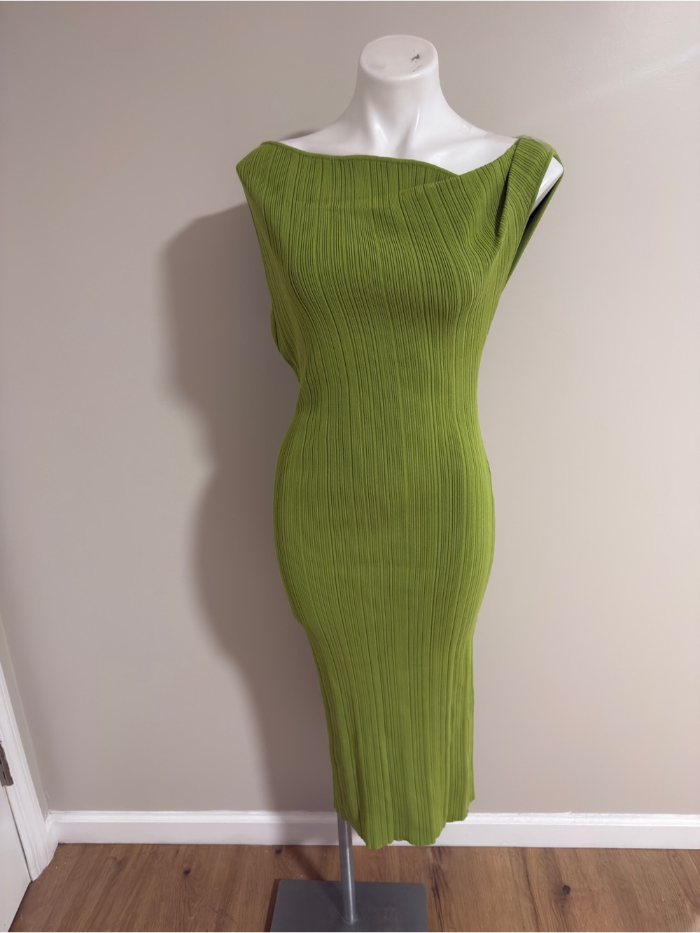 The Sei Asymmetrical Draped Ribbed Knit Bodycon Dress Kiwi Green Midi